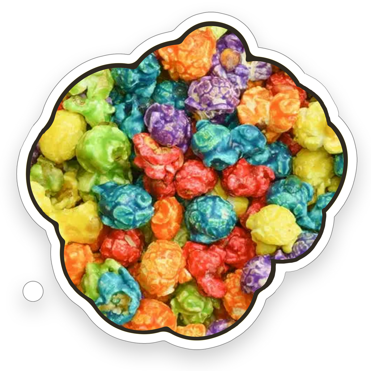 Fresh Pop'd Tutti Frutti Popcorn featuring a colorful mix of five fruity gourmet popcorn flavors